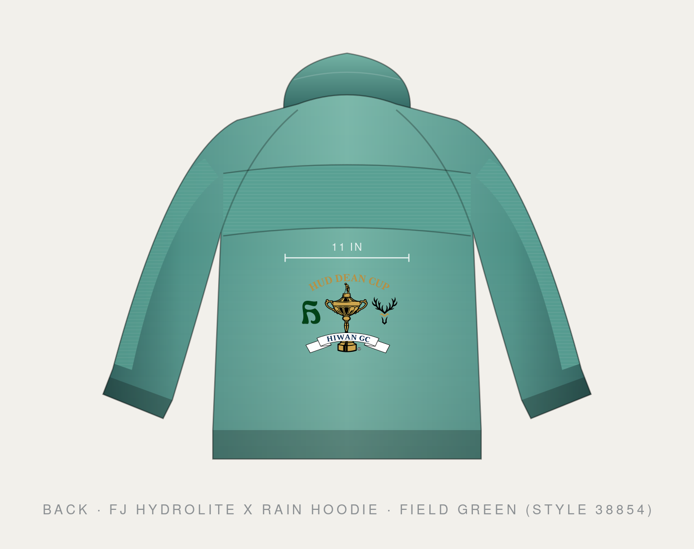 Mockup: back view of a Field Green FootJoy HydroLite X rain hoodie with the Hud Dean Cup crest embroidered center back