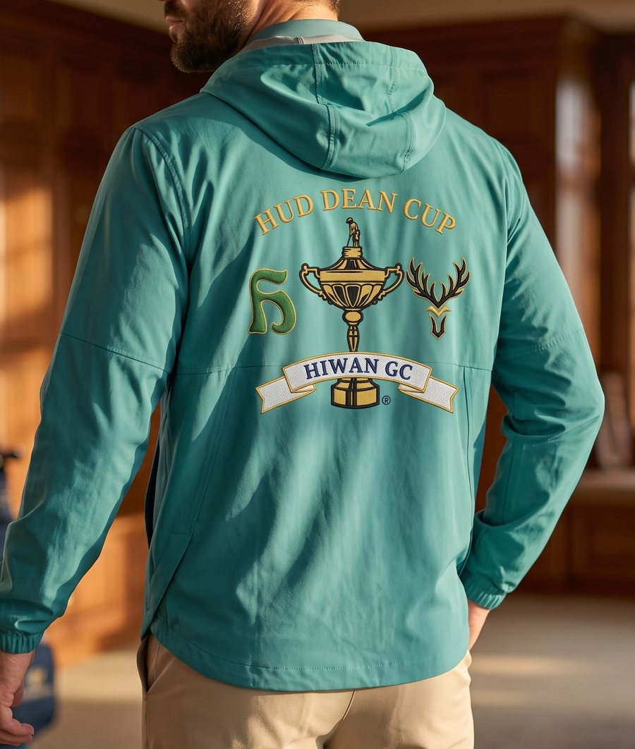 Rendering of the Hud Dean Cup hoodie, back view — the Cup crest embroidered across the back of a Field Green rain hoodie